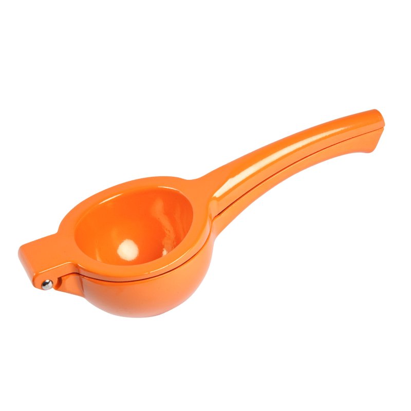 Bright orange metal hand press citrus juicer with a long handle and rounded bowl.