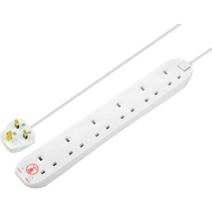 White 6-socket UK extension lead with 2-meter cable and 13 Amp plug shown from angled top view.