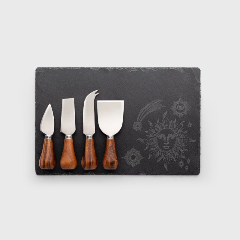 Four Piece Acacia Cheese Knife & Laser Engraved Cheese Board Set – Mystic - Image 1