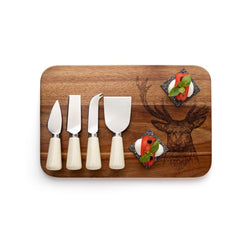4 Piece Ceramic Cheese Set - Cream With Acacia Board Stag Print