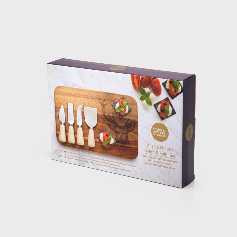 Packaging box showing 4-piece ceramic cheese knife set with acacia board featuring a stag print and appetizers.