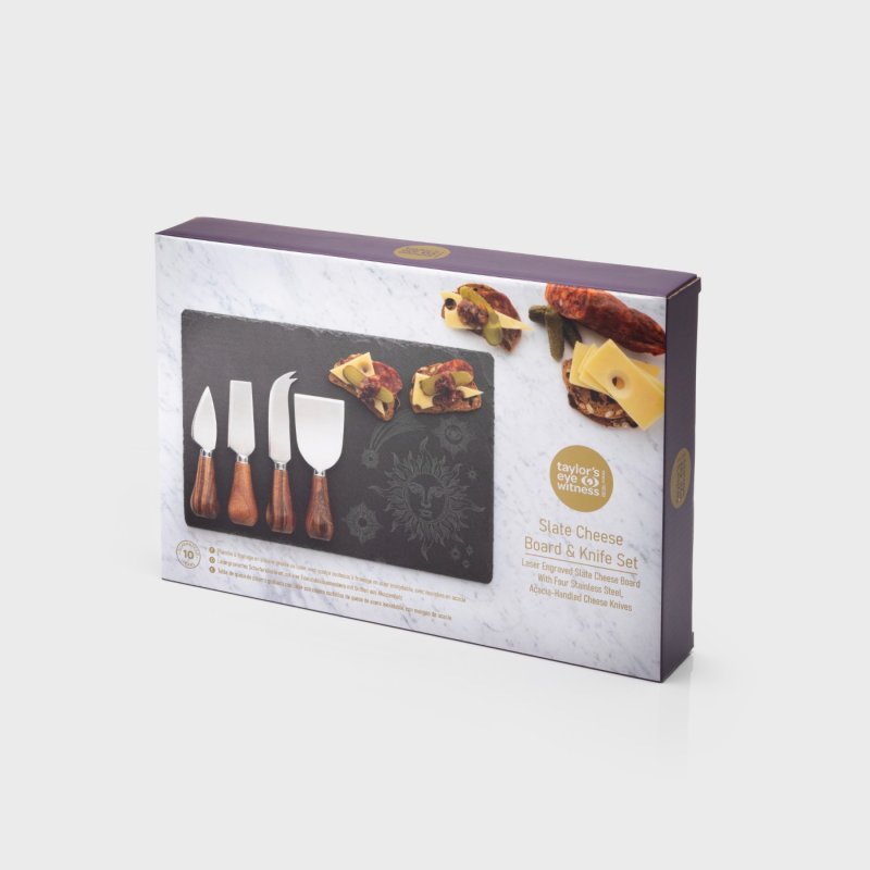 Four piece acacia cheese knife set with laser engraved slate cheese board in packaging box.