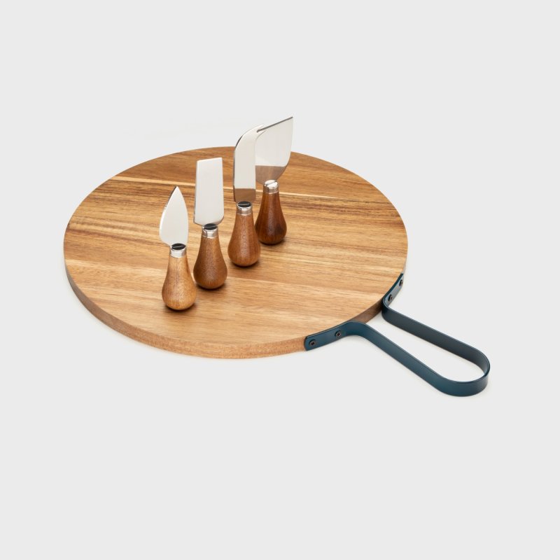 Four Piece Acacia Wood Cheese Knife & Round Charcuterie Board Set - Image 1