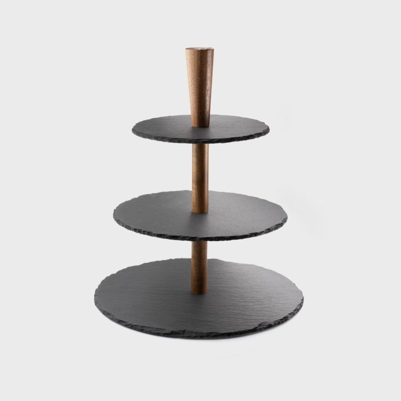 Three-tier slate étagère with wooden central support and handle, shown empty on white background