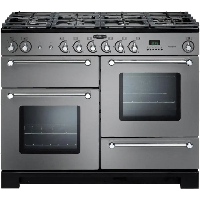 Rangemaster Kitchener 110 Natural Gas Range Cooker in stainless steel with chrome trim, showing front view with ovens and
