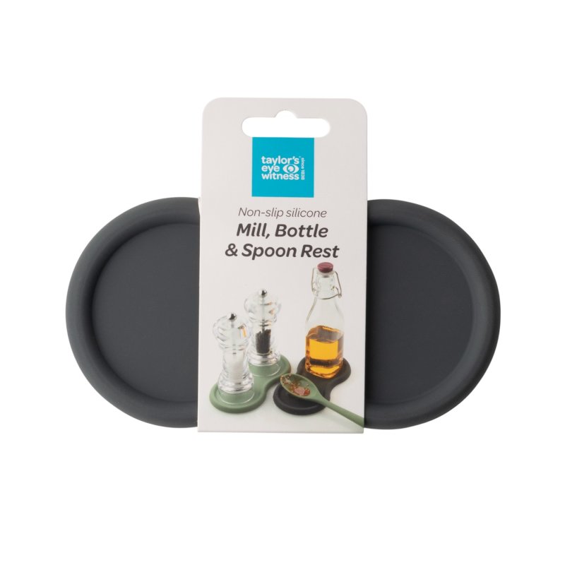 Graphite silicone mill, bottle, and spoon rest with packaging showing product use examples