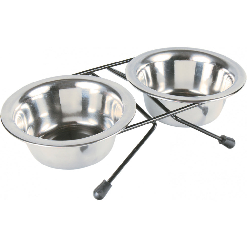 Twin 1.8L stainless steel dog bowls on black powder-coated stand with rubber feet, non-slip, dishwasher safe – Keans