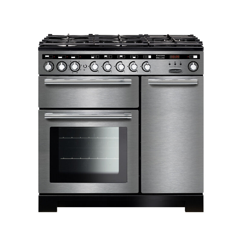 Rangemaster Encore Deluxe 90CM Dual Fuel Range Cooker in stainless steel – available at Keans Claremorris