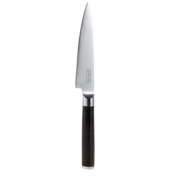Stellar Poise 12cm utility knife with rust-resistant stainless steel blade and black handle, ideal for precise food prep -