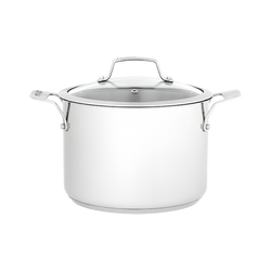 Stainless steel Stellar 22cm stockpot 5L with glass lid, even heat base, cast handles, oven safe, from Keans Claremorris.