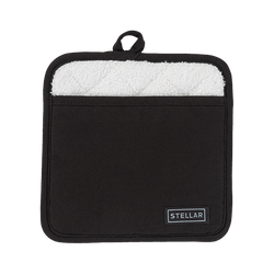 Black Stellar Textiles cotton pot holder with quilted towelling lining, machine washable, from Keans Claremorris.