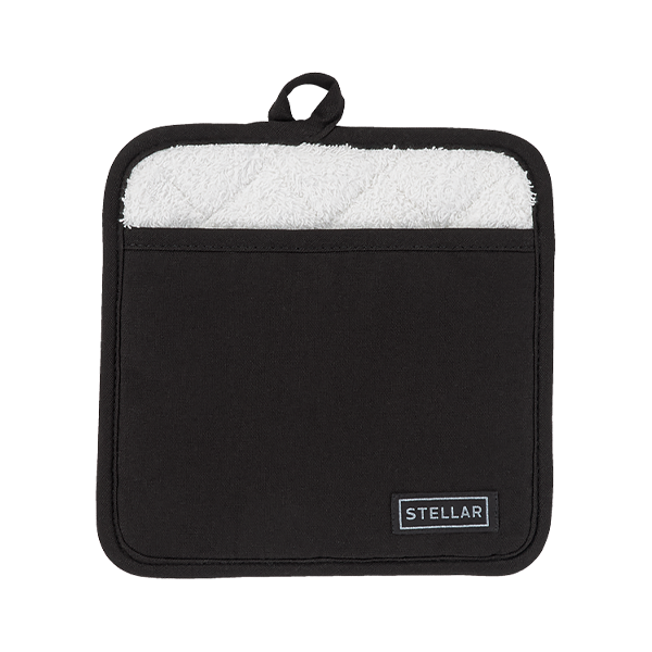 Black Stellar Textiles cotton pot holder with quilted towelling lining, machine washable, from Keans Claremorris.