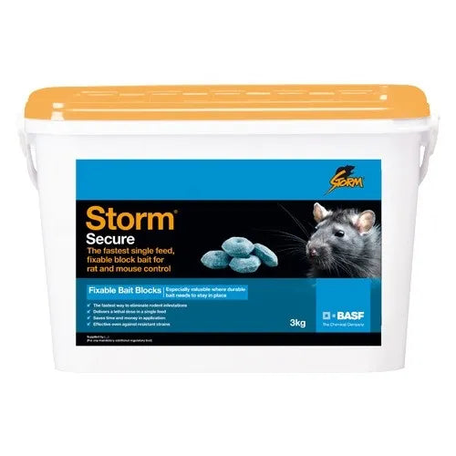 Storm Secure 3kg rodent poison blocks for effective single-feed rat and mouse control – available at Keans Claremorris.