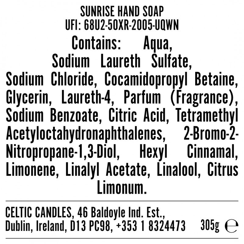 Lumiere Range 250ml Sunrise natural hand soap in a clear pump bottle with orange liquid and label.