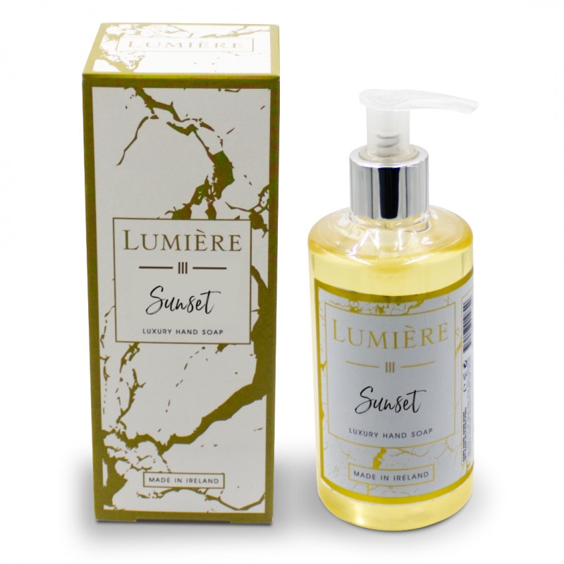 Lumiere Sunset luxury hand soap in clear pump bottle with matching white and gold marbled box packaging