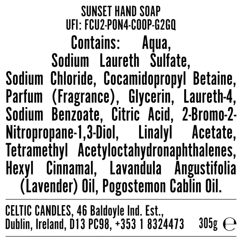 Lumiere Range 250ml Natural Soap Sunset in a clear pump bottle with orange liquid and white label text.