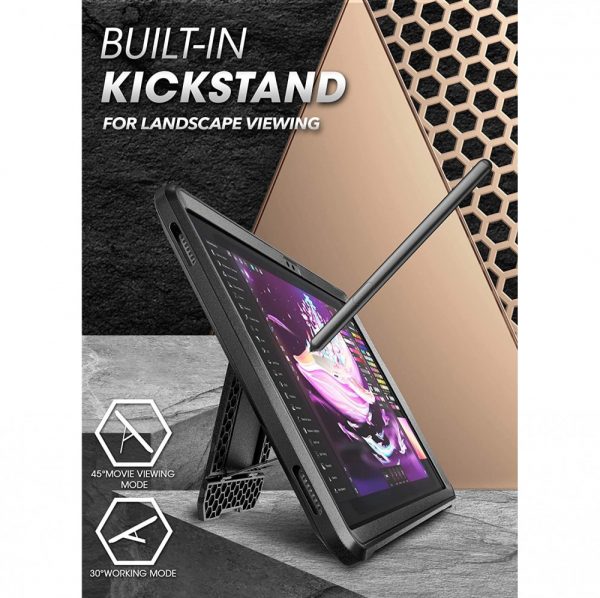Supcase black case for Samsung Tab A9+ with built-in kickstand holding tablet at an angle with stylus on screen