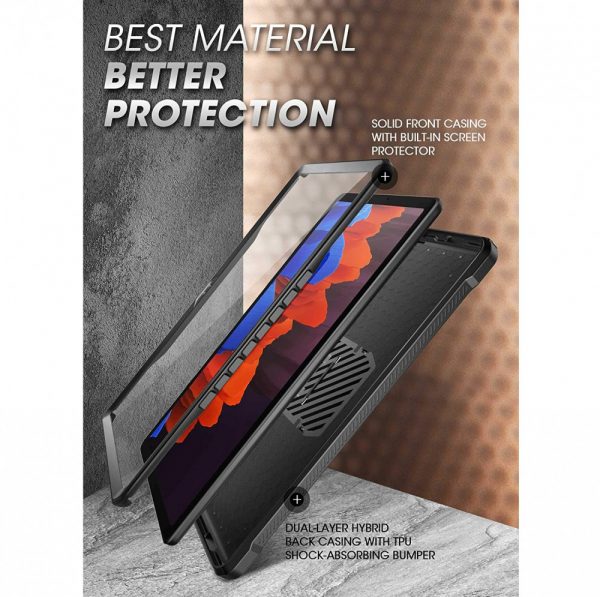 Supcase black protective case for Samsung Tab A9+ with built-in screen protector and shock-absorbing bumper.