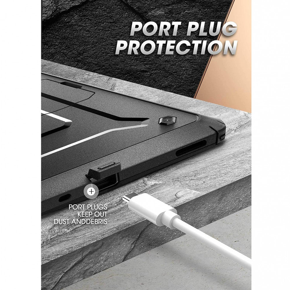 Close-up of black Supcase Samsung Tab A9+ case corner showing port plug protecting charging port from dust.