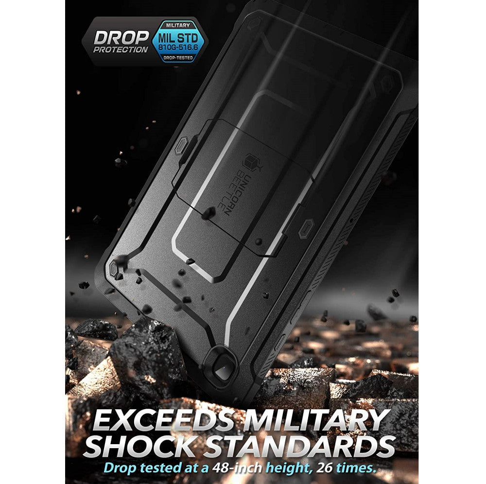 Black Supcase protective case for Samsung Tab A9+ shown with rugged design and kickstand, highlighting military drop