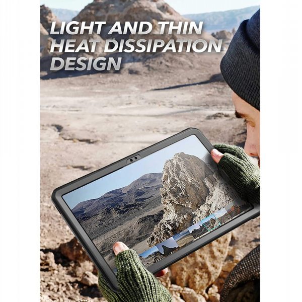 Supcase black protective case on Samsung Tab A9+ held outdoors showing rugged landscape on screen