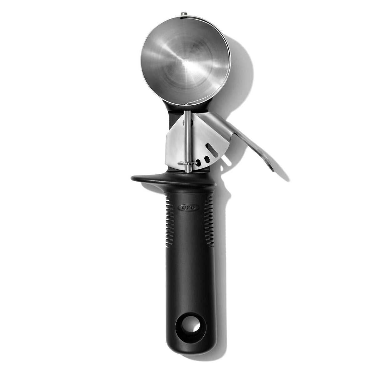Oxo Classic Swipe Ice Cream Scoop with pop-up lever, non-slip handle, stainless steel, dishwasher safe – available at Keans