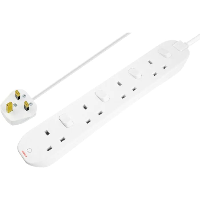 White 4-socket UK extension lead with individual switches and 2m cable, angled view showing plug and sockets.