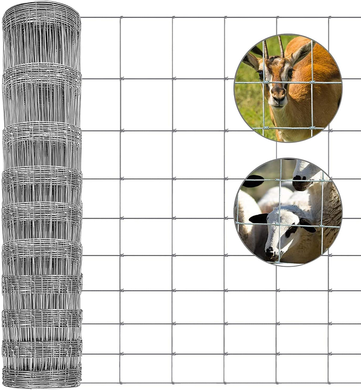 Rolled galvanised sheep wire fencing with close-up insets of livestock behind wire panels.