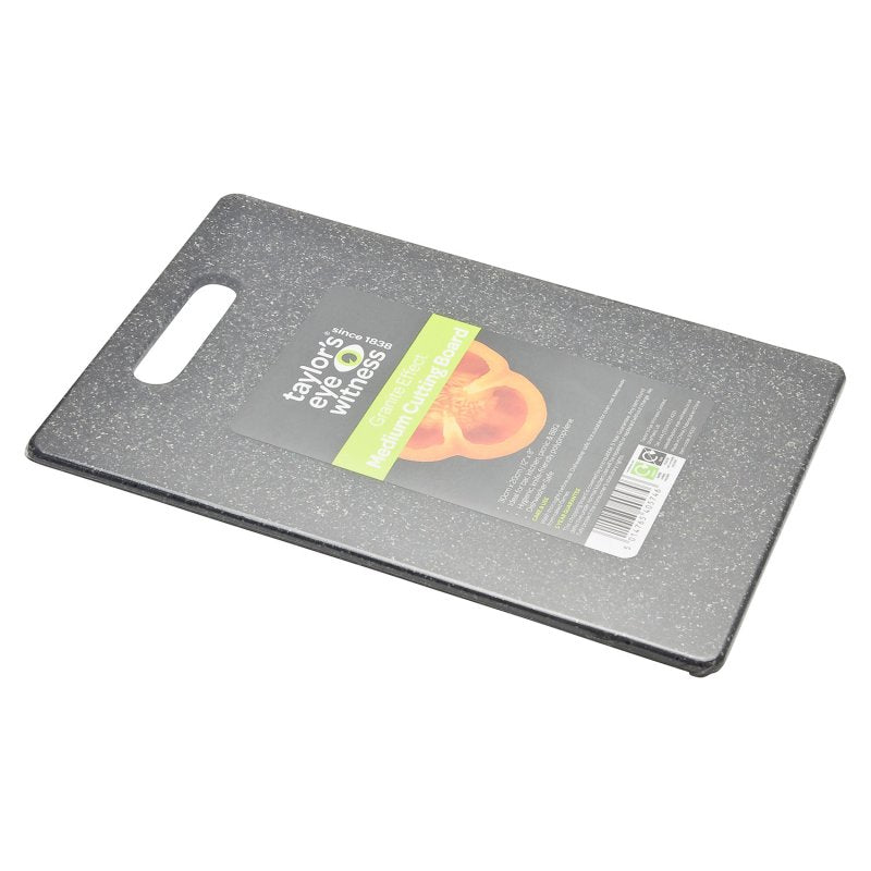 Medium granite effect polypropylene cutting board with label and handle hole, 30 × 20cm.