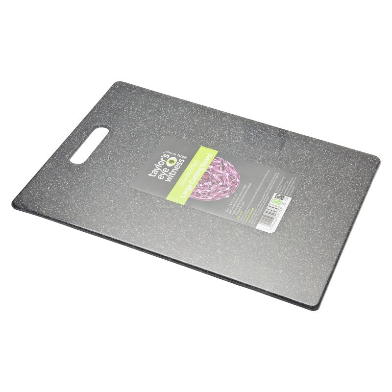 Large granite effect polypropylene cutting board with handle and product label on top, 36 × 26cm.