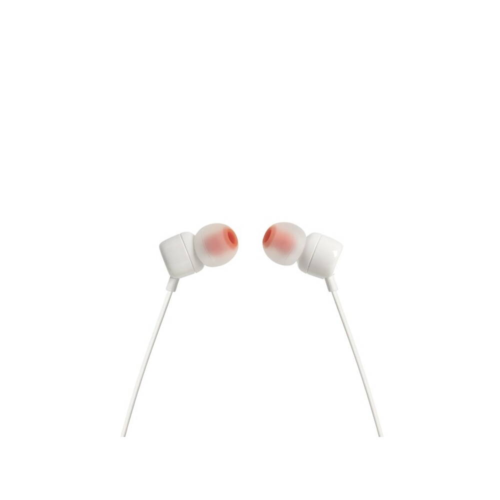 White JBL T110 in-ear headphones with red-tinted ear tips and attached cables on a white background