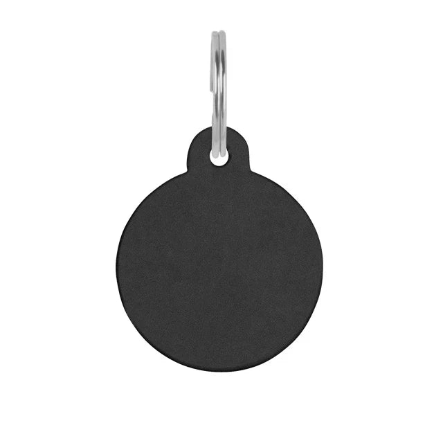 Black circular metal pet ID name tag, double-sided engraving for cats and dogs, customizable at Keans Claremorris.