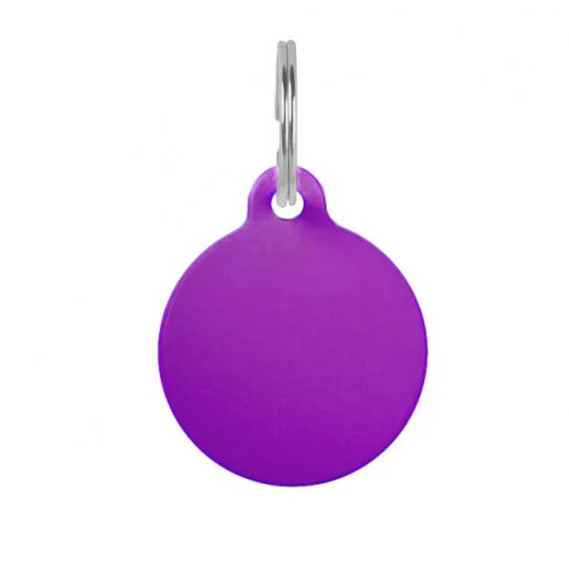 Purple metal pet ID name tag, double-sided engraving for cats and dogs, durable circle design – Keans Claremorris.