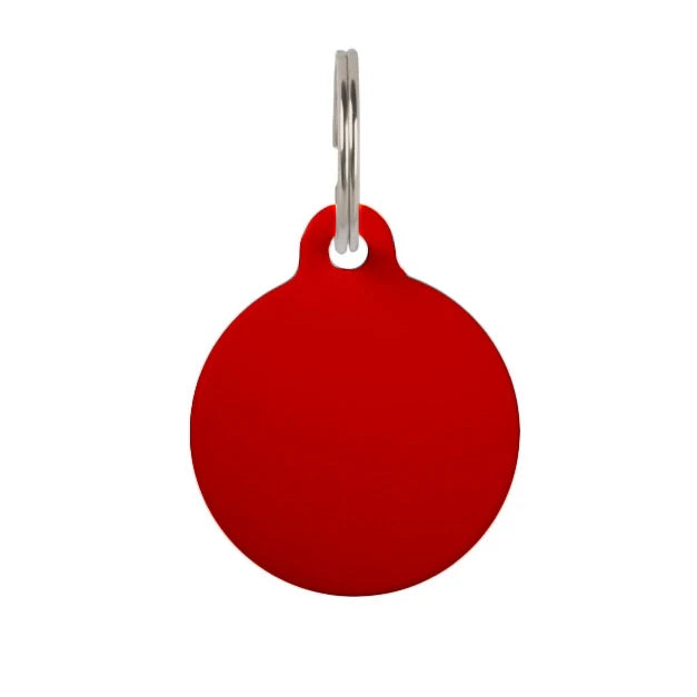 Red circular metal pet ID name tag, double-sided engraving for cats and dogs, customizable at Keans Claremorris.