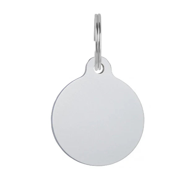 Silver circular pet ID name tag, double-sided engraving, sturdy metal for cats and dogs – Keans Claremorris.