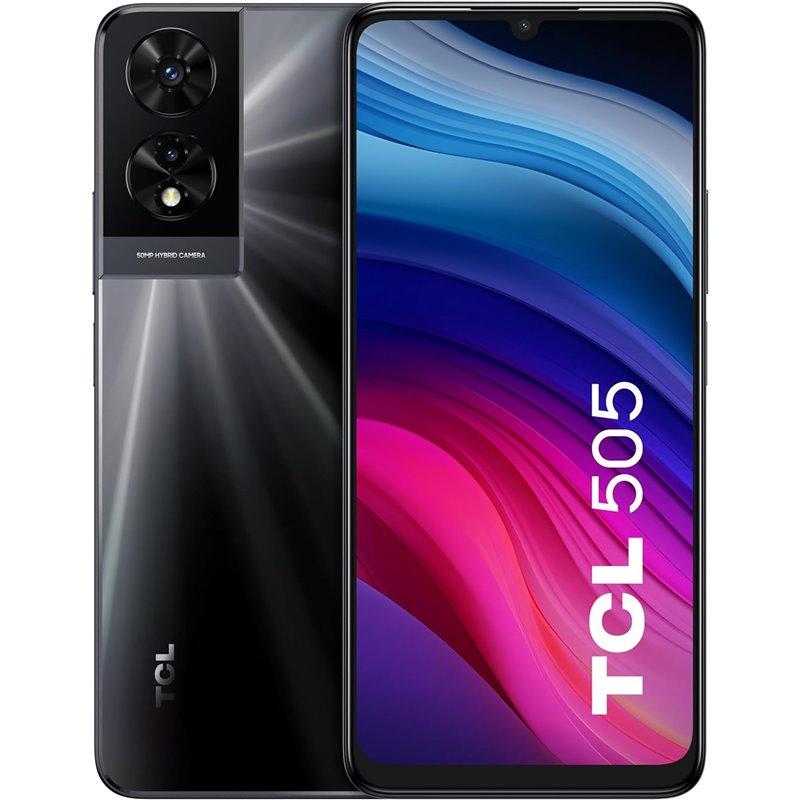 TCL 505 smartphone in Space Grey showing front screen with colorful display and rear dual cameras with TCL logo.
