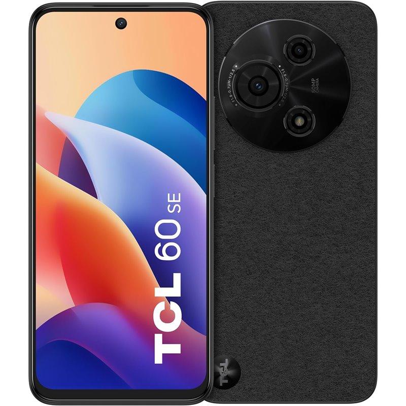 TCL 60 SE smartphone in black showing front display with colorful wallpaper and rear with circular triple camera module.