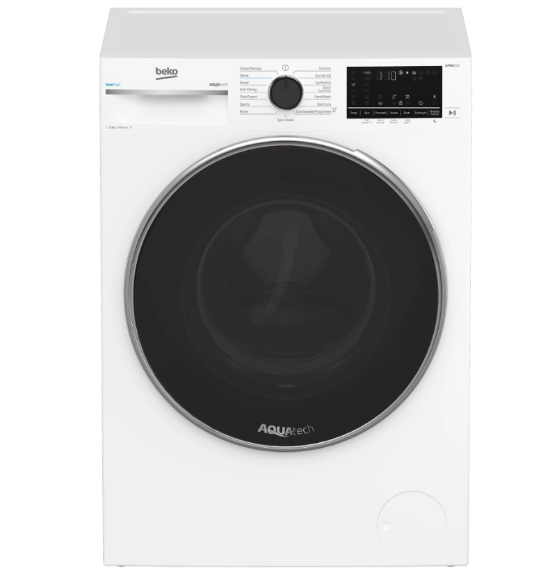 Beko 12kg white front-load washing machine with large black door, control dial, and LED display panel