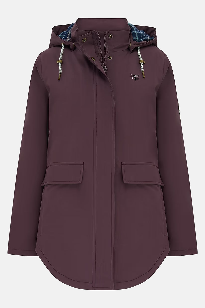 Tess Ladies Coat Damson in deep purple with hood, front pockets, and zip and button closure, front view.