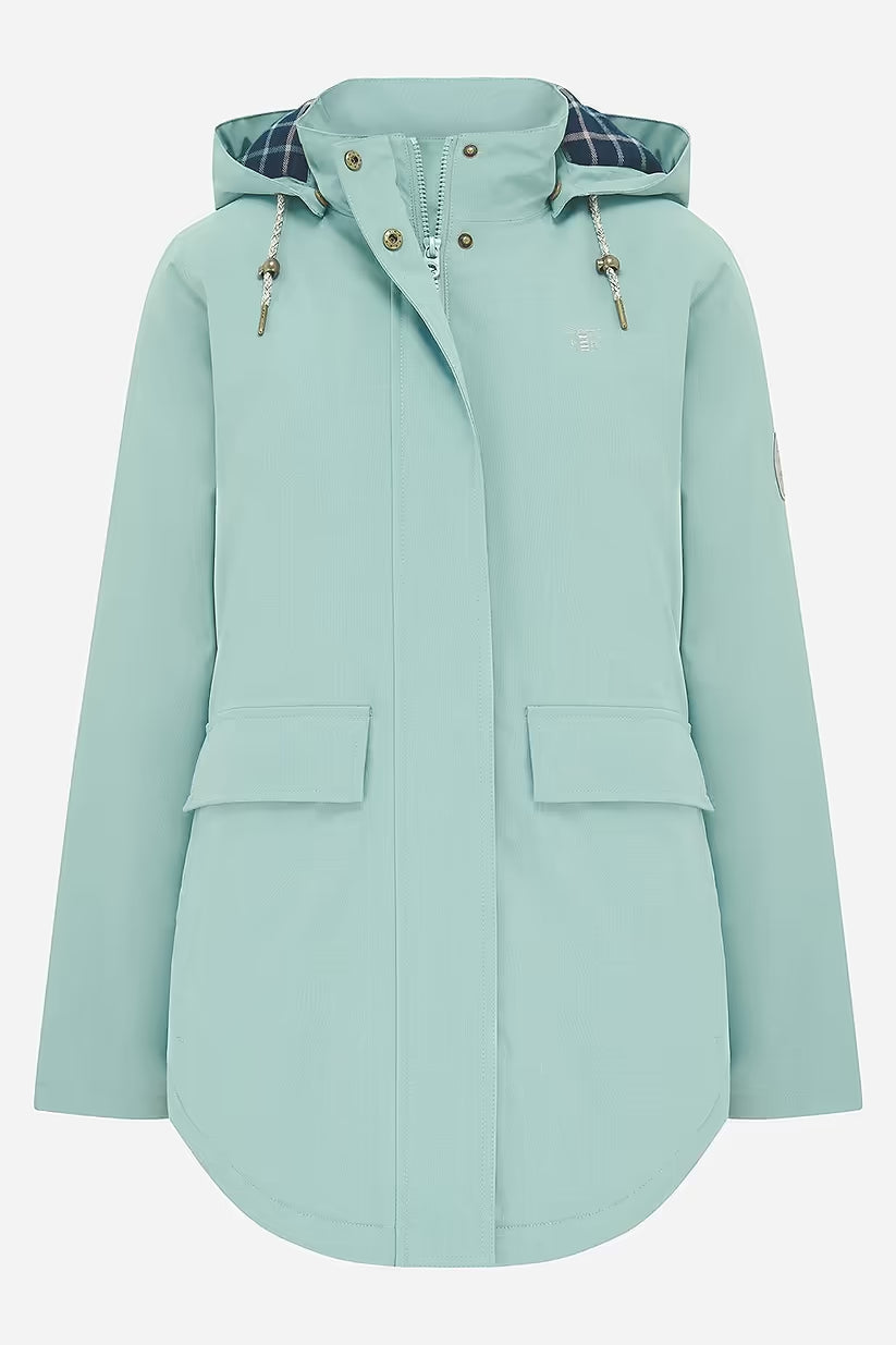 Tess Ladies Waterproof Coat in duck egg with hood, front pockets, and plaid lining visible inside hood