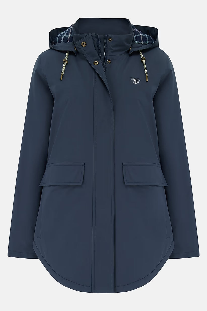 Navy Tess ladies waterproof coat with hood, front flap pockets, and plaid lining inside the hood.