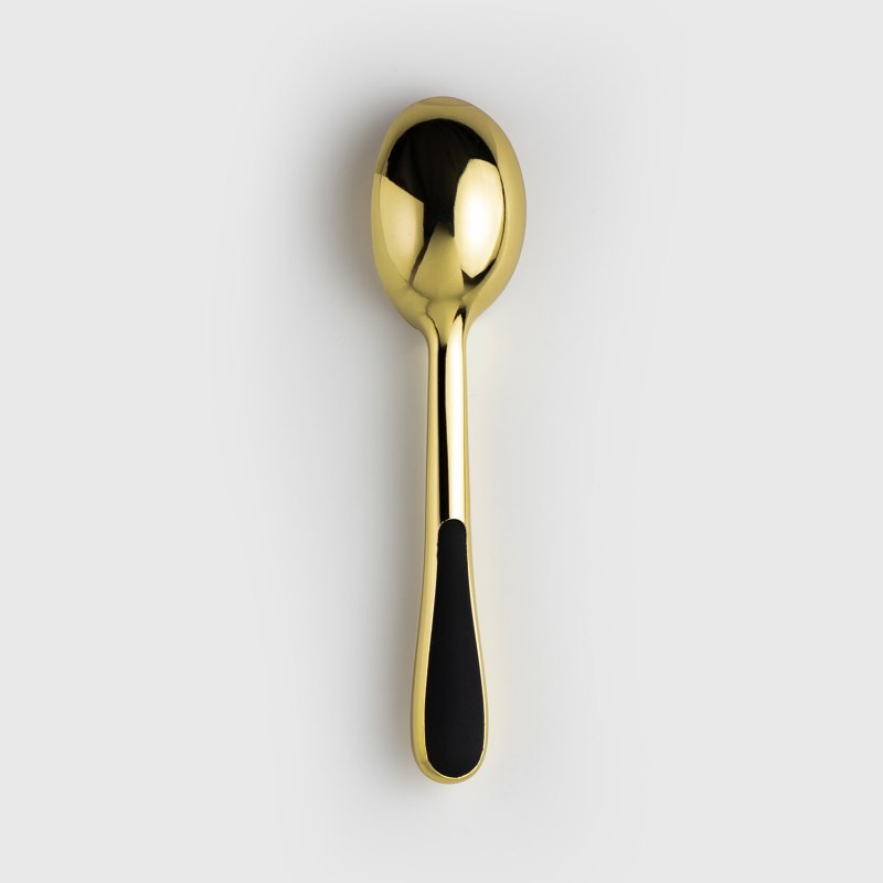 Champagne-colored ice cream scoop with a black grip on the handle, shown from above on a white background.