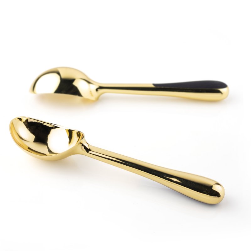 Two champagne-colored ice cream scoops with smooth, rounded handles on a white background.