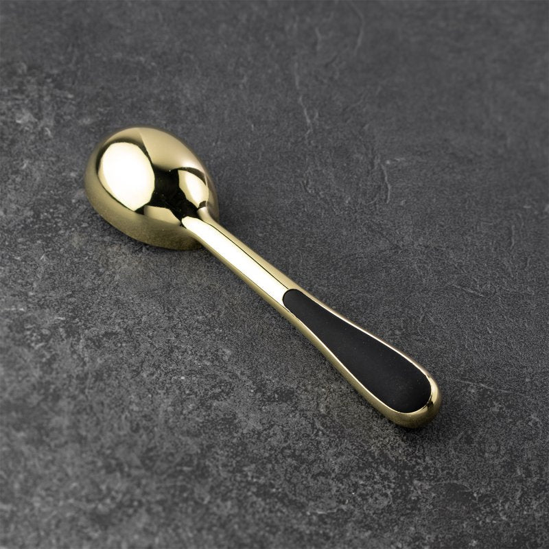 Champagne-colored ice cream scoop with black grip handle on dark textured surface.