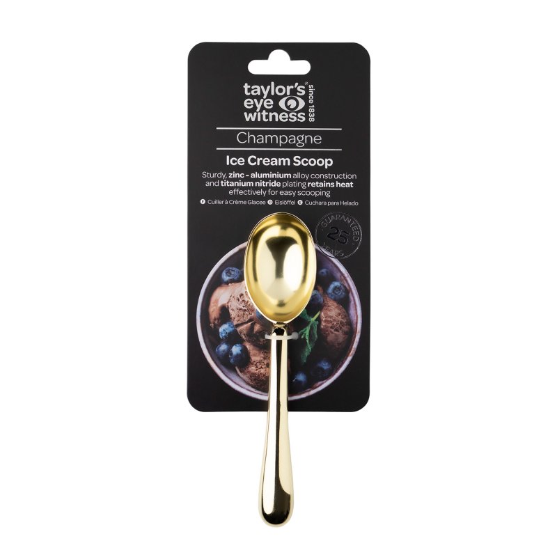 Champagne-colored ice cream scoop on black packaging with ice cream and blueberries image.