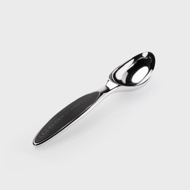Chrome zinc-aluminium ice cream scoop with a shiny bowl and black textured handle on a white background
