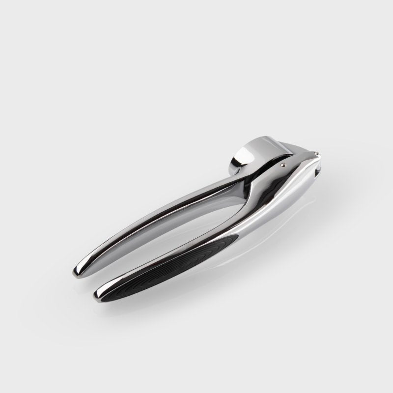 Chrome zinc-aluminium garlic press with ergonomic handles and a polished finish on a white background.