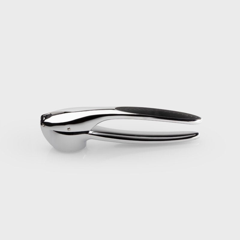 Chrome zinc-aluminium garlic press with black grip on handle, shown from side on white background.
