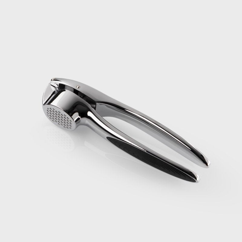 Chrome zinc-aluminium garlic press with black grip handles shown from a side angle on white background