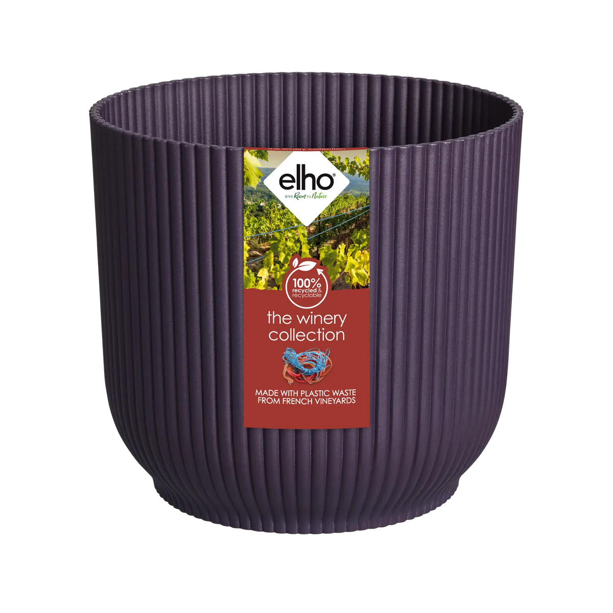 Deep purple ribbed round planter from The Winery Collection with eco-friendly label visible